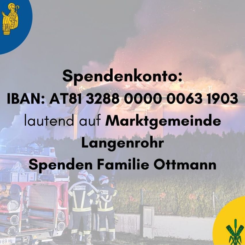 Ein Feuerwehrauto ist am Straßenrand geparkt. Vor ihm stehen Feuerwehrleute. Der Text lautet 'Spendenkonto' und gibt eine IBAN-Nummer an. Darüber steht der Name 'Marktgemeinde Langenrohr'.