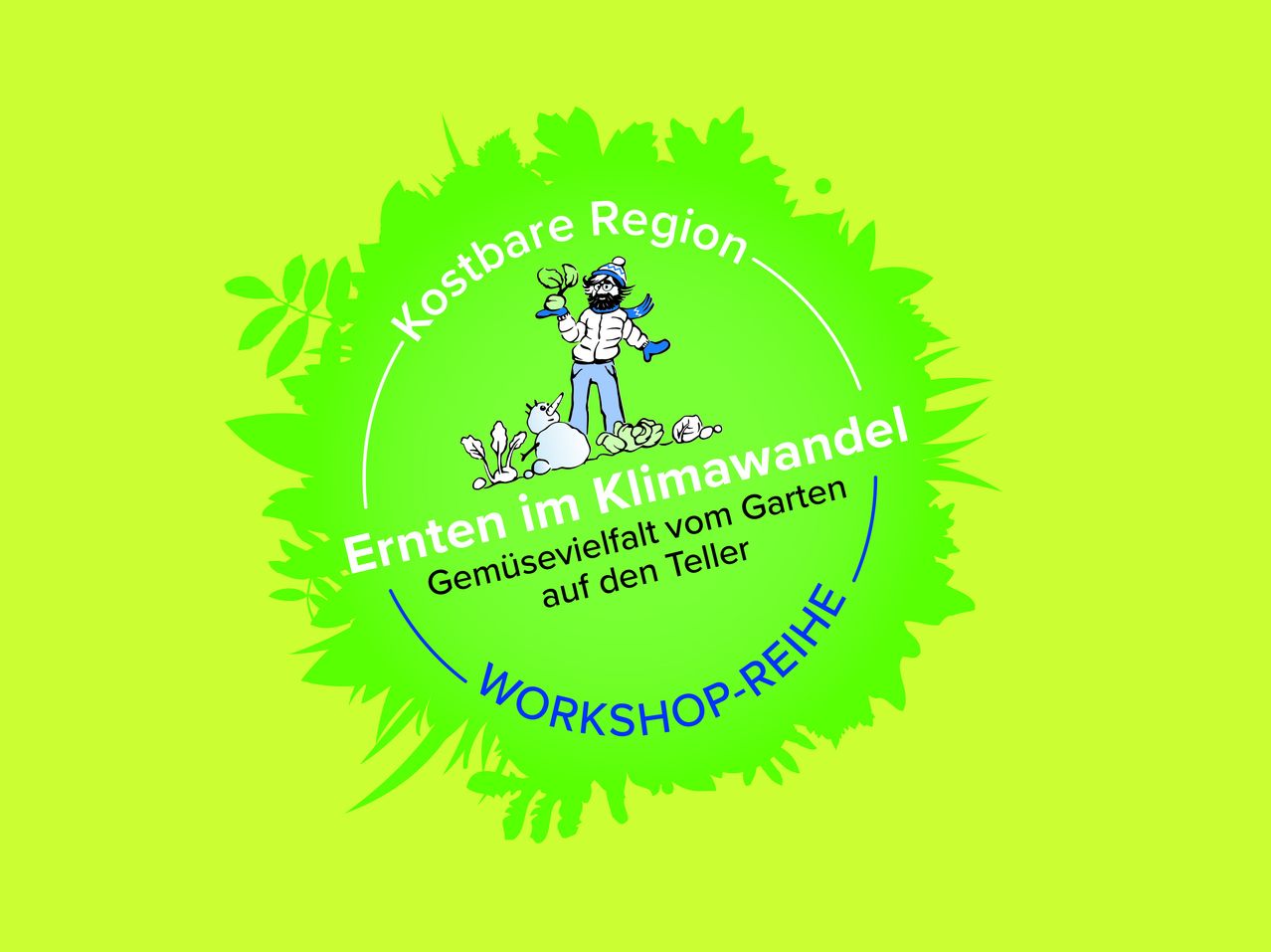 Ein grünes kreisförmiges Logo mit einem Mann, der Gemüse hält, umgeben von Blättern und Text in Deutsch.
