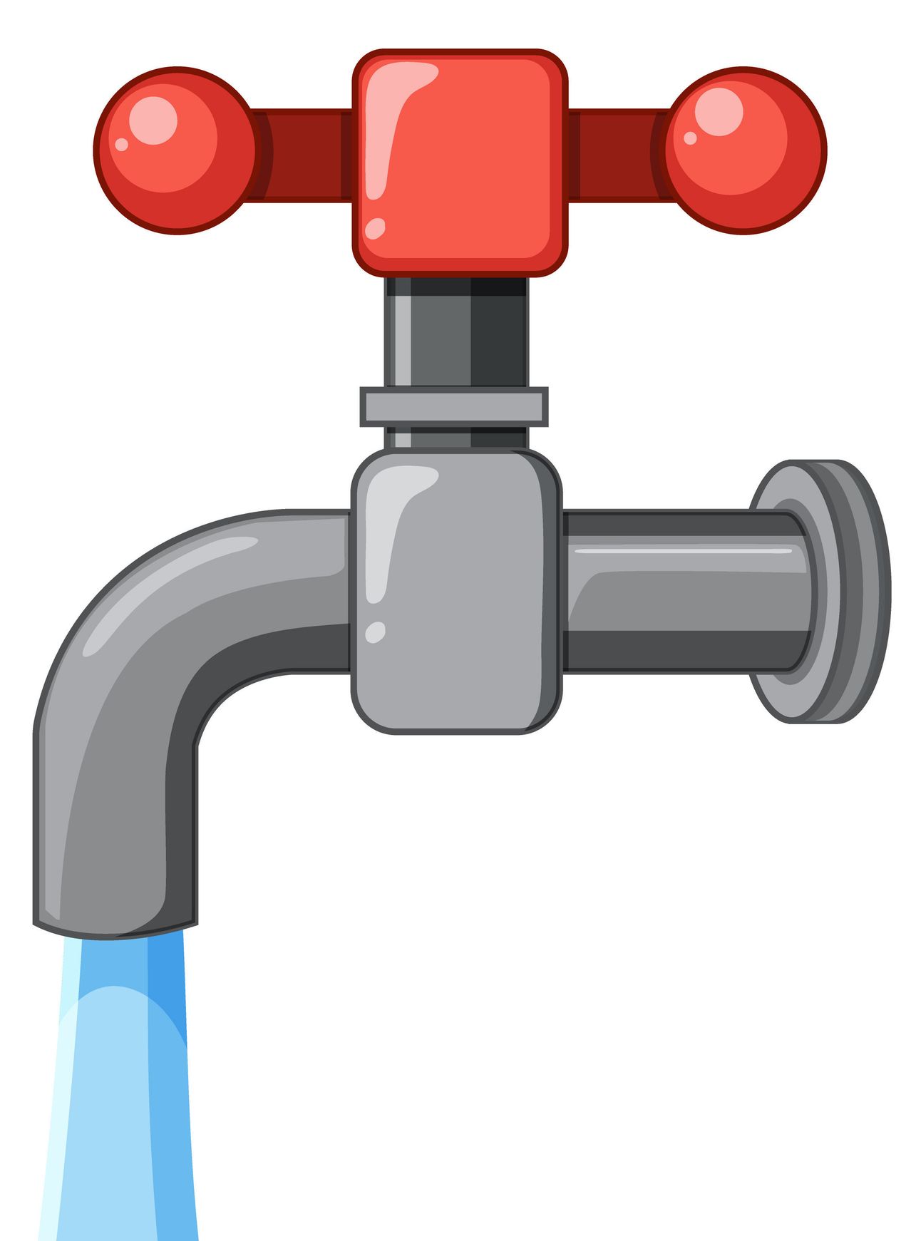 Eine Illustration eines Wasserhahns mit fließendem Wasser, mit rotem Griff und grauem Körper.