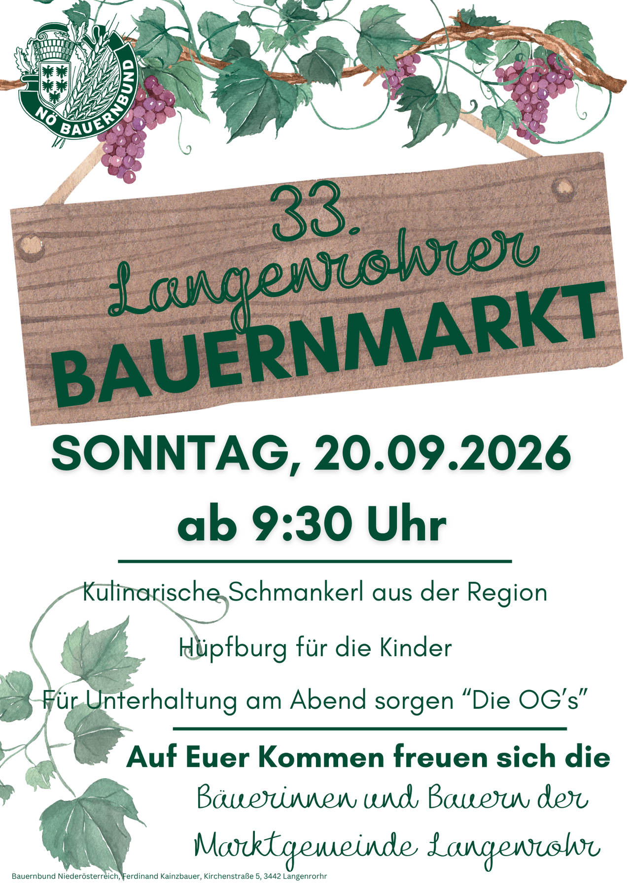 Plakat für den 33. Langenrohrer Bauernmarkt am Sonntag, 20.09.2026, ab 9:30 Uhr. Mit lokalen kulinarischen Köstlichkeiten, einem Spielplatz für Kinder und Abendunterhaltung von 'Die OG's'.