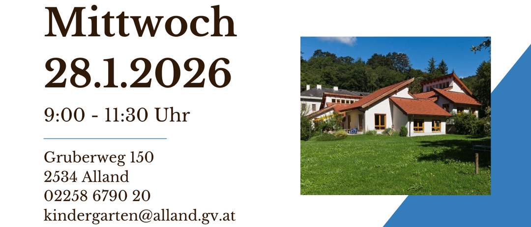 Ein Banner für Noe-Landeskindergarten Alland bewirbt eine Veranstaltung am Mittwoch, 28. Dezember 2026, von 9:00 bis 11:30 Uhr. Ein Bild von einem Haus und einem Baum ist enthalten.
