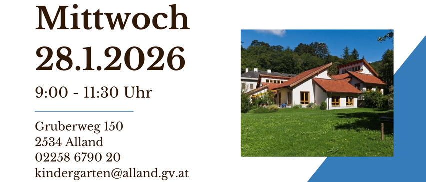 Ein Banner für Noe-Landeskindergarten Alland bewirbt eine Veranstaltung am Mittwoch, 28. Dezember 2026, von 9:00 bis 11:30 Uhr. Ein Bild von einem Haus und einem Baum ist enthalten.