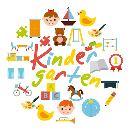 Ein buntes Kindergarten-Symbolset umfasst verschiedene Objekte wie Spielzeug, Bücher und Musikinstrumente, die in einem Kreis angeordnet sind. Ein Junge und ein Mädchen sind in der Mitte lächelnd abgebildet.