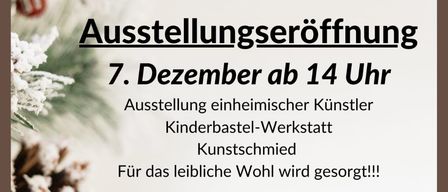 Ein Werbeplakat für SB-Hofladen Friedhofheim in Eichberg 14, mit einer Eröffnungsveranstaltung am 7. Dezember um 14 Uhr. Es zeigt eine Ausstellung einheimischer Künstler, eine Kinderbastel-Werkstatt und einen Kunstschmied. Täglich von 8 bis 20 Uhr geöffnet!