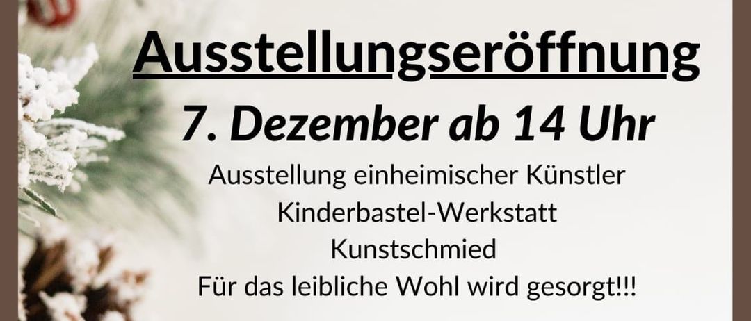 Ein Werbeplakat für SB-Hofladen Friedhofheim in Eichberg 14, mit einer Eröffnungsveranstaltung am 7. Dezember um 14 Uhr. Es zeigt eine Ausstellung einheimischer Künstler, eine Kinderbastel-Werkstatt und einen Kunstschmied. Täglich von 8 bis 20 Uhr geöffnet!