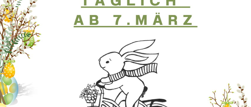 Ein Werbeposter für eine tägliche Ausstellung ab dem 7. März mit einem Hasen, der ein Fahrrad mit einem Korb voller Blumen fährt, umgeben von Ostereiern.