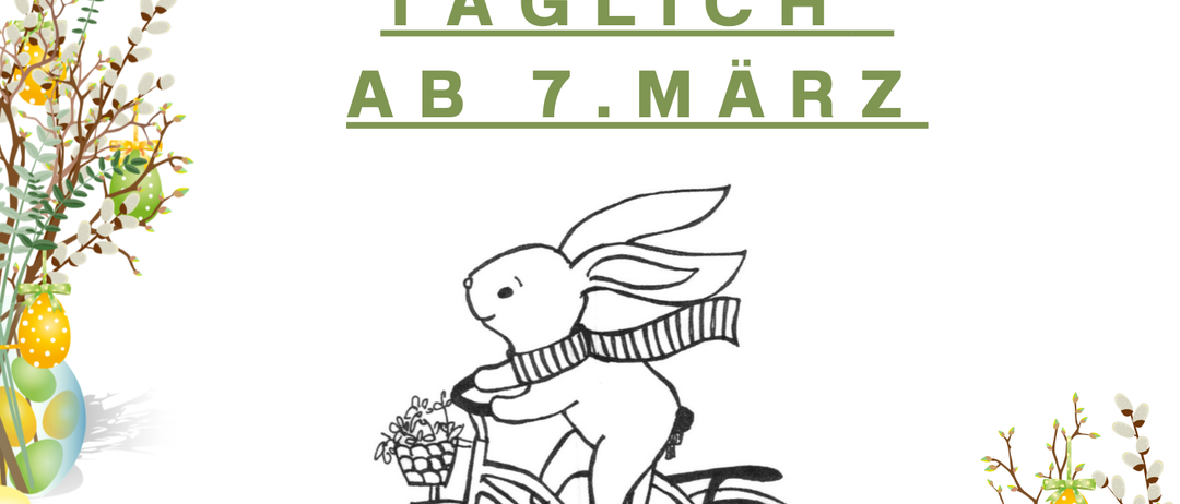 Ein Werbeposter für eine tägliche Ausstellung ab dem 7. März mit einem Hasen, der ein Fahrrad mit einem Korb voller Blumen fährt, umgeben von Ostereiern.