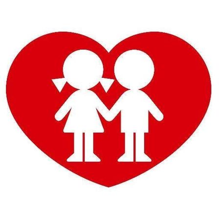 Ein rotes Herz mit zwei weißen Figuren, die Händchen halten, eine scheint ein Mädchen und die andere ein Junge zu sein.