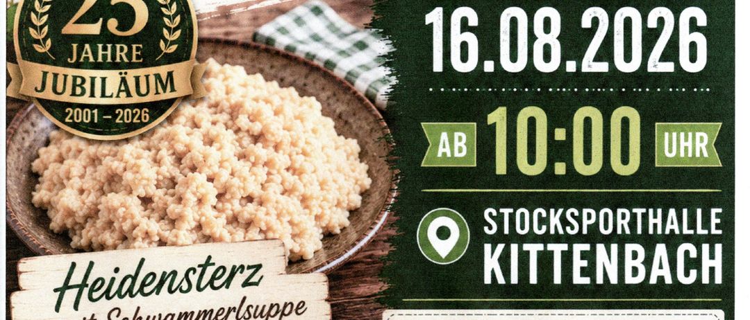 Plakat für das 25-jährige Jubiläum der Schützenrunde Kittenbach am 16. August 2026 mit Gerichten wie Heidensterz mit Schwammerlsuppe und vielen weiteren Speisen.