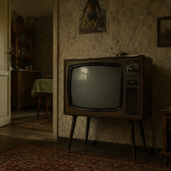 Ein alter Fernseher mit Holzbeinen steht in einem Raum mit Blumentapete. Ein Vintage-Poster von 'Fary' ist darüber.