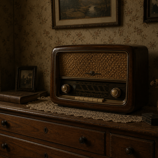Ein altmodisches Radio steht auf einem hölzernen Kommode mit einem Spitzendeckchen darunter. Ein kleiner Bilderrahmen und ein Buch sind ebenfalls auf der Kommode.