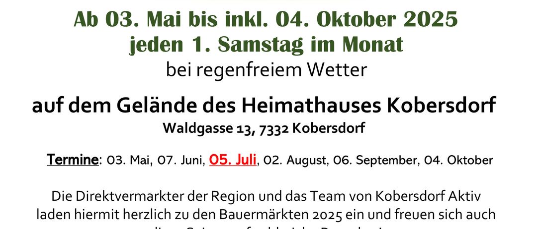 Plakat mit verschiedenen Obst- und Gemüsesorten. Markttage werden aufgelistet, zusammen mit einer Adresse. Bestimmte Daten sind hervorgehoben. Verkaufszeiten und Schließzeit werden erwähnt. Es werden auch Speise- und Getränkeoptionen aufgeführt.