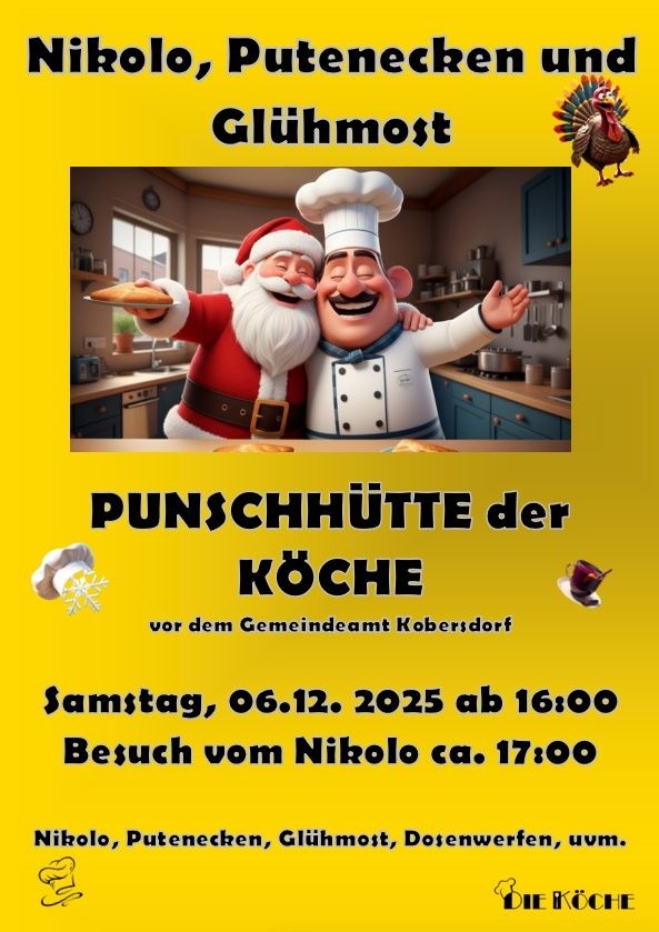 Werbeplakat für eine Punschhütte der Küche veranstaltet von der Gemeinde Kobersdorf mit Weihnachtsmann und Koch. Geplant für den 6. Dezember 2025 um 16:00 Uhr, mit Besuch von Nikolaus ca. 17:00 Uhr.