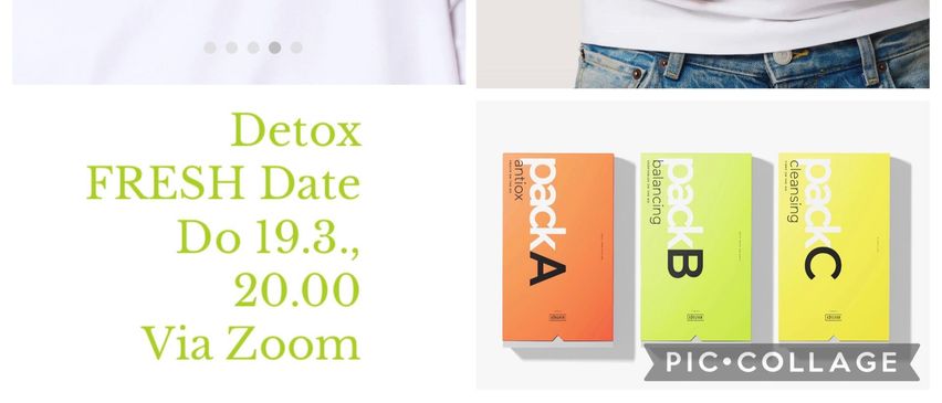 Eine Frau trinkt einen grünen Smoothie. Eine andere Frau lächelt und hält eine Flasche Haaröl. Eine Person hält einen Tiegel mit d-gest. Der Text lautet Detox Fresh Date, mit einer Zoom-Meetingzeit.