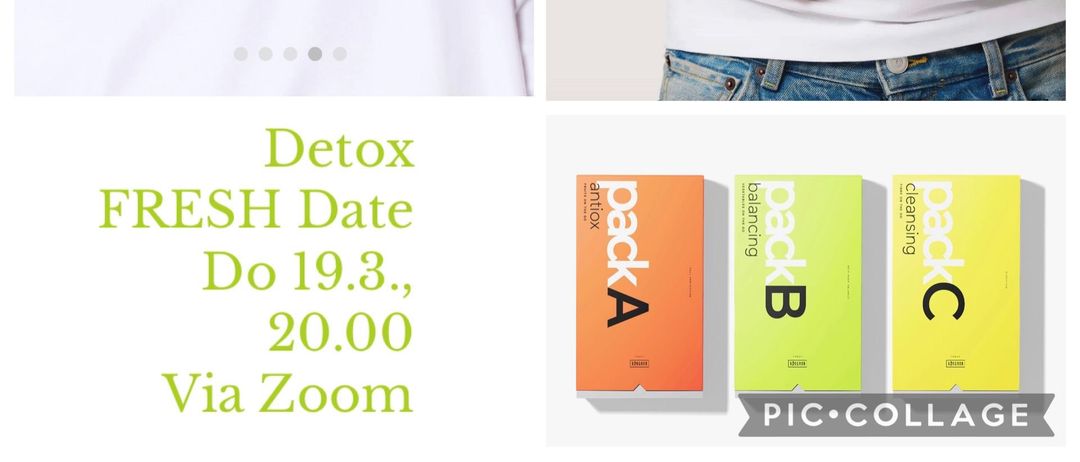 Eine Frau trinkt einen grünen Smoothie. Eine andere Frau lächelt und hält eine Flasche Haaröl. Eine Person hält einen Tiegel mit d-gest. Der Text lautet Detox Fresh Date, mit einer Zoom-Meetingzeit.