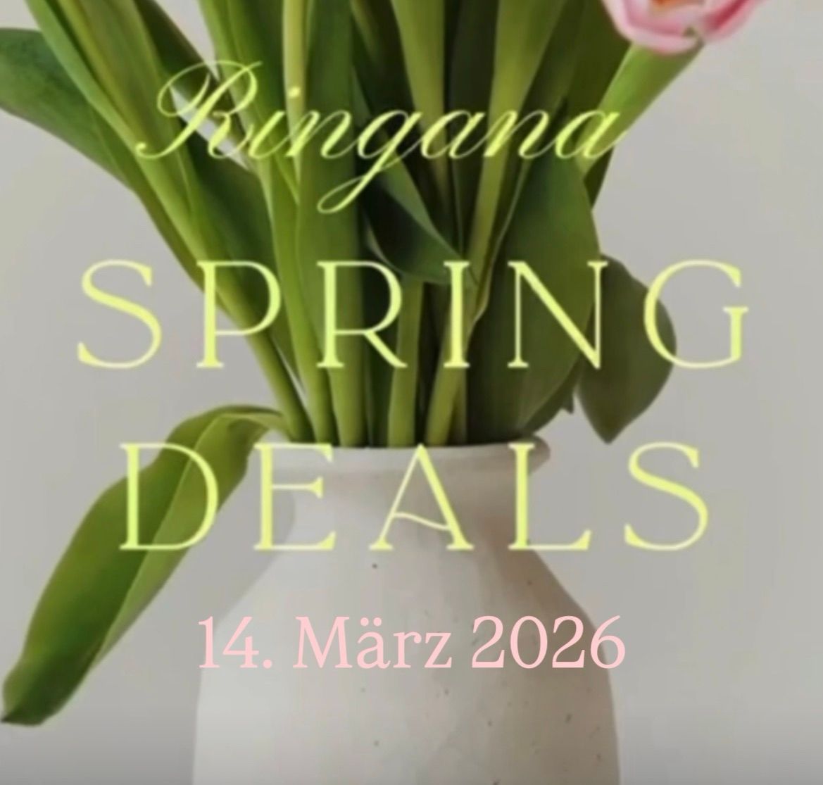 Eine Vase mit grünen Tulpen und einer weißen Vase mit dem Text Ringana Spring Deals und dem Datum 14. März 2026.