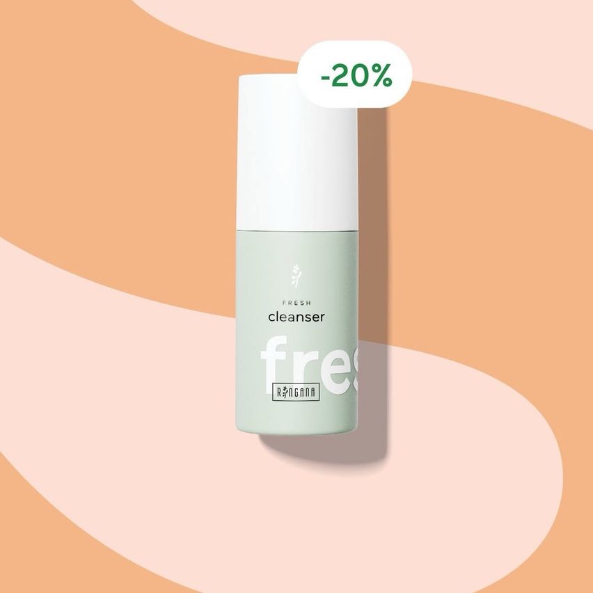 Ein Bild einer Fresh-Reinigerflasche mit weißem Deckel auf einem pastellfarbenen Hintergrund. Die Flasche hat ein -20%-Rabattschild.