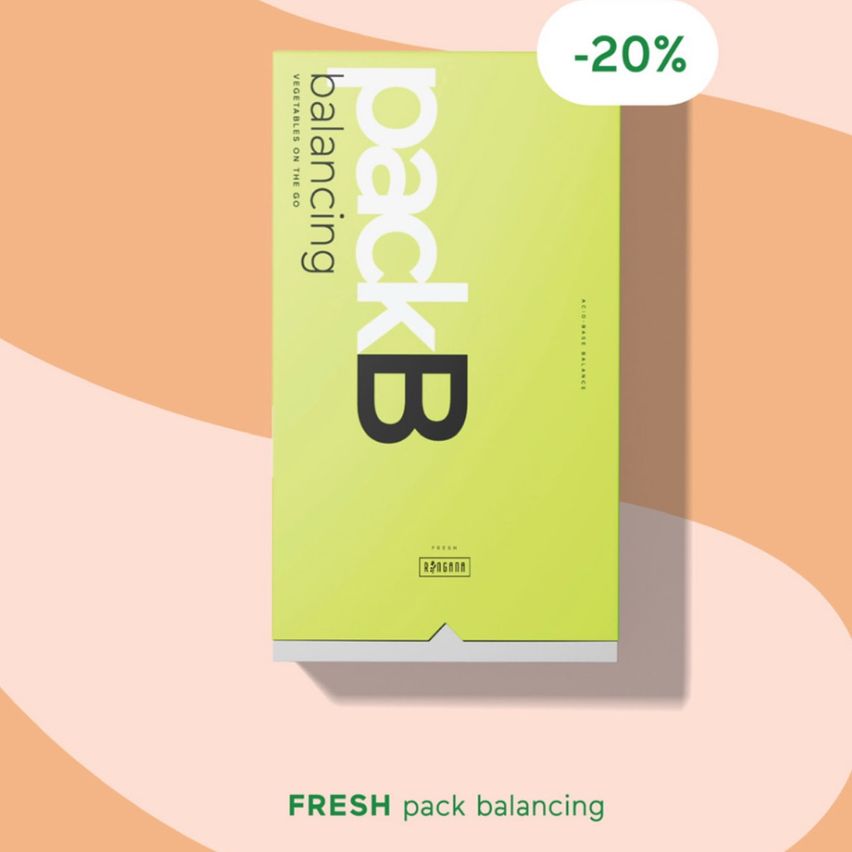 Ein leuchtend grüner Kasten mit der Aufschrift 'pack B' und 'balancing' und 'fresh' in Fettdruck. Der Kasten hat oben ein 20%-Rabatt-Etikett. Der Hintergrund hat ein Pfirsich-Orange-Verlauf.