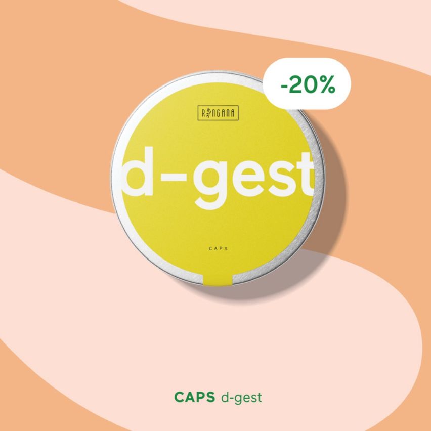 Rund gelber Behälter mit der Aufschrift 'd-gest' und einem angegebenen Rabatt von 20%. Der Markenname ist 'Re:Nosana'. Unten steht 'CAPS d-gest'.