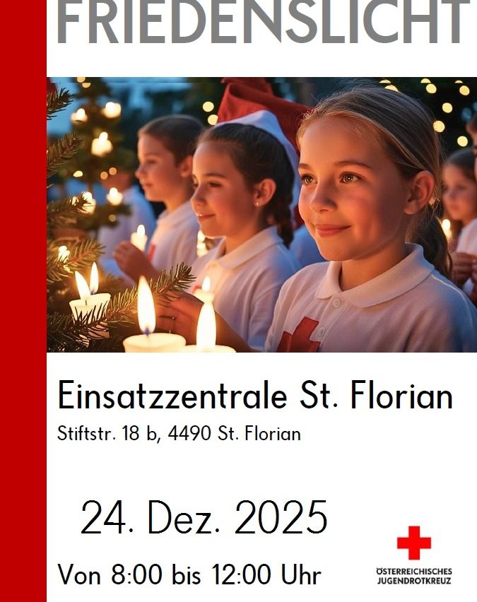 Werbung für Einsatzzentrale St. Florian mit einem Mädchen, das lächelt und Kerzen hält, Adresse und Datum 24. Dez. 2025.