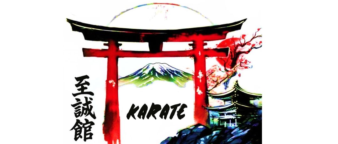 Eine künstlerische Illustration eines roten Torii-Tors mit 'Karate' in Weiß. Hinter dem Tor befindet sich eine Silhouette des Mount Fuji und eines Tempels. Die Szene ist mit Kirschblüten geschmückt.