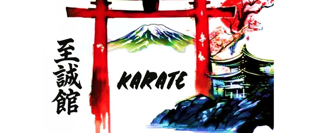 Eine japanische Malerei eines Torii-Tors, Kirschblüten und einem Berg im Hintergrund. Das Wort 'KARATE' ist prominent angezeigt.