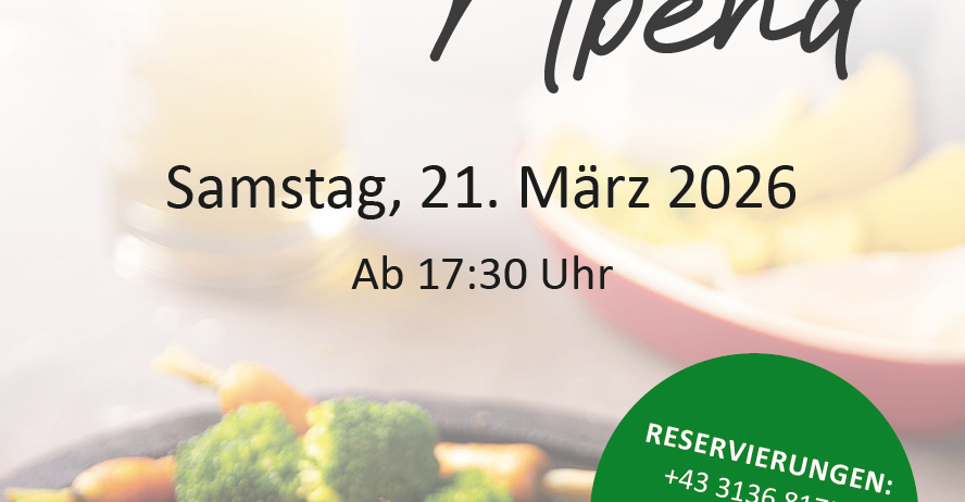 Ein Plakat für einen Steakabend am Samstag, 21. März 2026, ab 17:30 Uhr. Das Menü besteht aus Steak, Karotten, Brokkoli und Zwiebeln. Kontaktinformationen für Reservierungen sind angegeben.