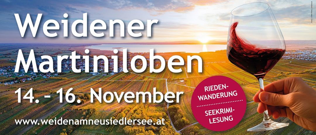 Werbeposter für eine November-Weintour am Neusiedlersee. Das Bild zeigt ein malerisches Weingut und eine untergehende Sonne am Horizont.