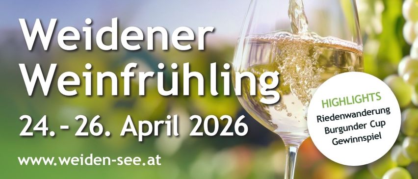 Ein Bild eines Weinglases, das mit Wein gefüllt wird, mit einem grünen Hintergrund und Text, der Riedner Einfrühling - 26. April 2026, Riedenwa-see.at, und einem Highlight-Kreis zeigt.