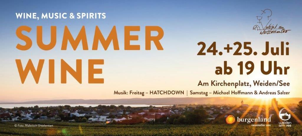 Ein Plakat für die Summer Wine Veranstaltung, das eine malerische Weinbergslandschaft und Text in Orange und Braun zeigt. Die Veranstaltung ist für den 24. und 25. geplant, Beginn um 19:00.