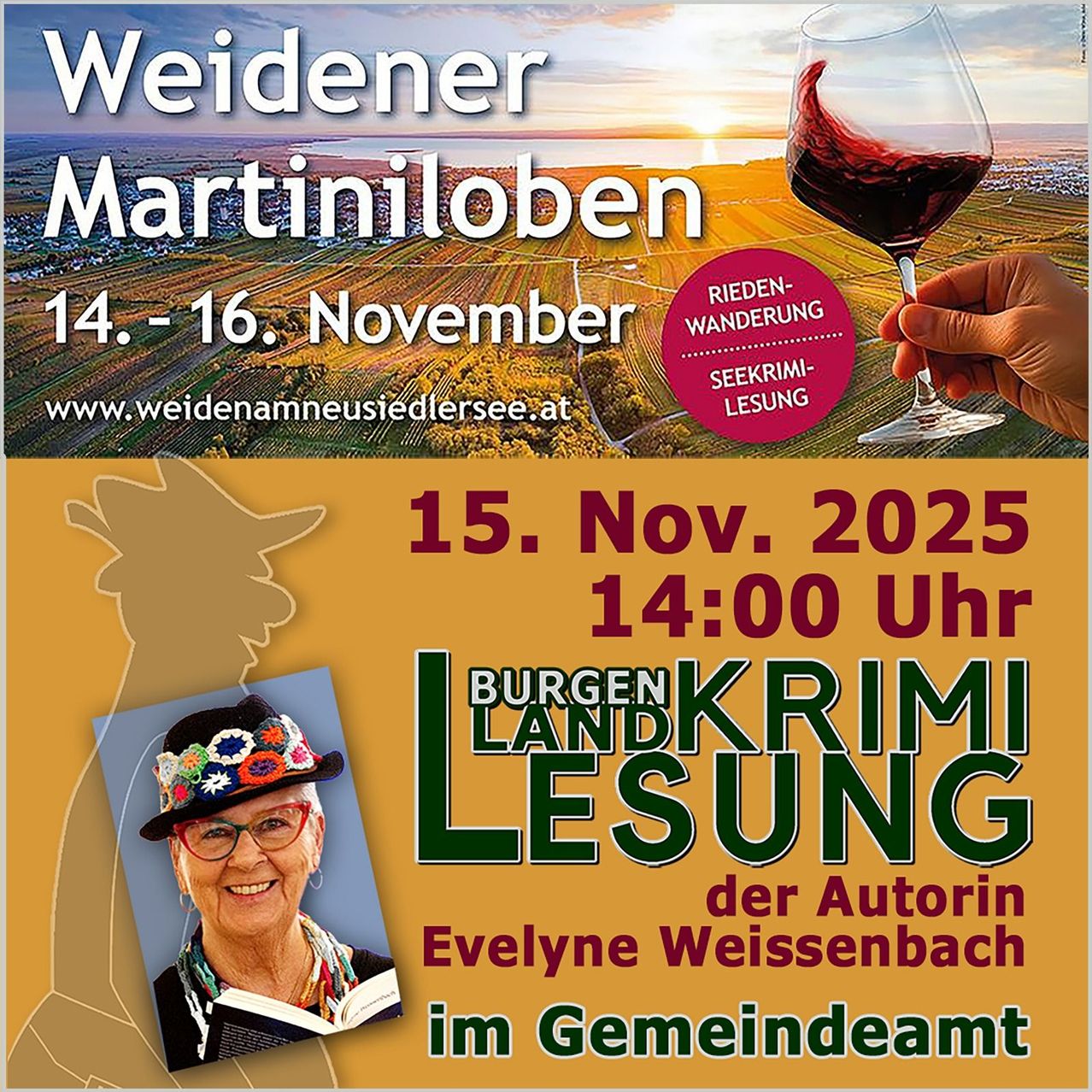 An advertisement for Weidener Martiniloben event on November 14-16. The poster includes a picture of a woman, a wine glass, and a vineyard.