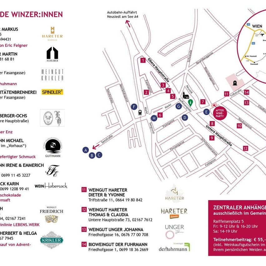 An image shows a map of a wine village with a list of wine makers and locations. The map is divided into sections, each marked with a number and a corresponding name. Names include Markus, Martin, and others. The map is labeled with streets and locations.