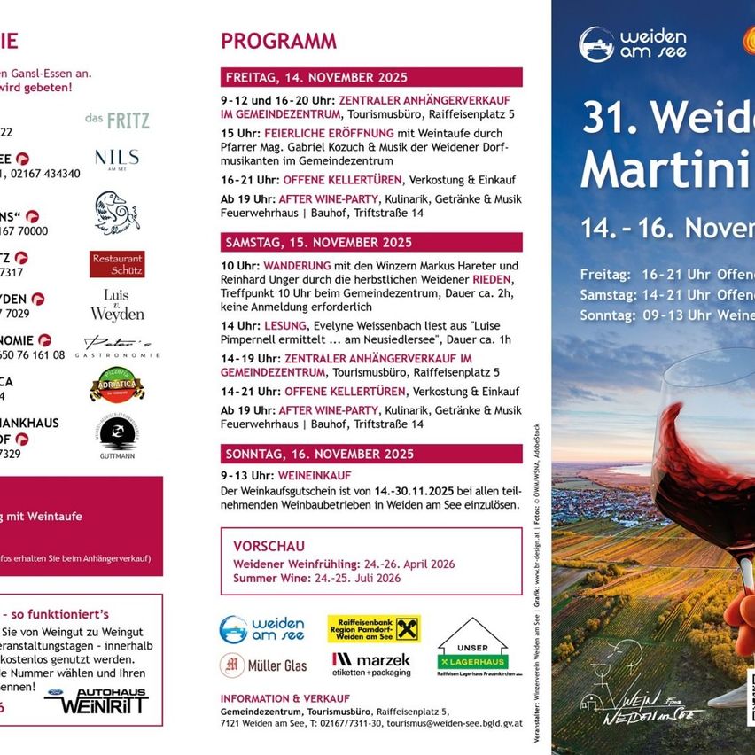 An event poster for 'Weiden am See' festival. It features a wine glass with red wine, a vineyard in the background, and includes a schedule with dates, times, and activities such as wine tasting, auctions, and parties. The dates are from November 14th to 16th, 2025.