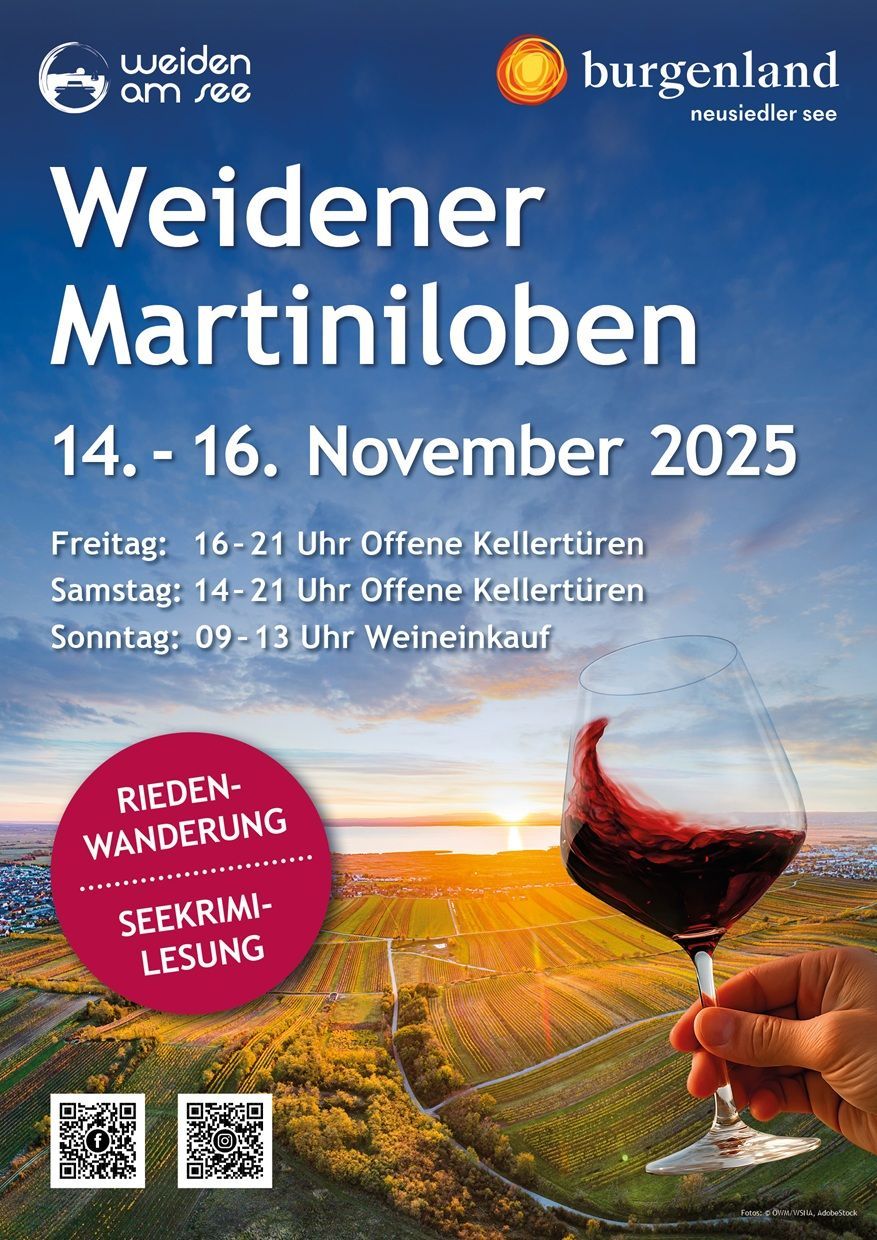 Poster for the Weidener Martinilobe wine event in 2025. Dates: November 14-16. Open cellar tours and wine purchases on Friday, Saturday, and Sunday.