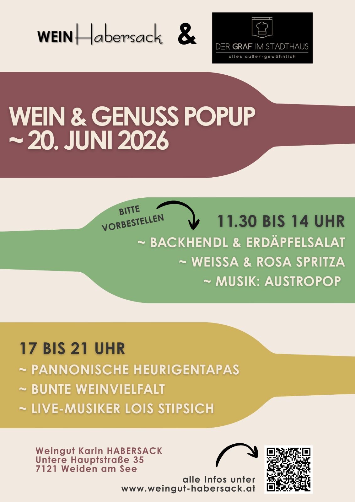 Wine and enjoyment pop-up on June 20, 2026. Tastings from 11:30 to 14:00. From 17:00 to 21:00, enjoy Pannonian Heurigen tapas, diverse wines, and live music by Lois Stipisch.