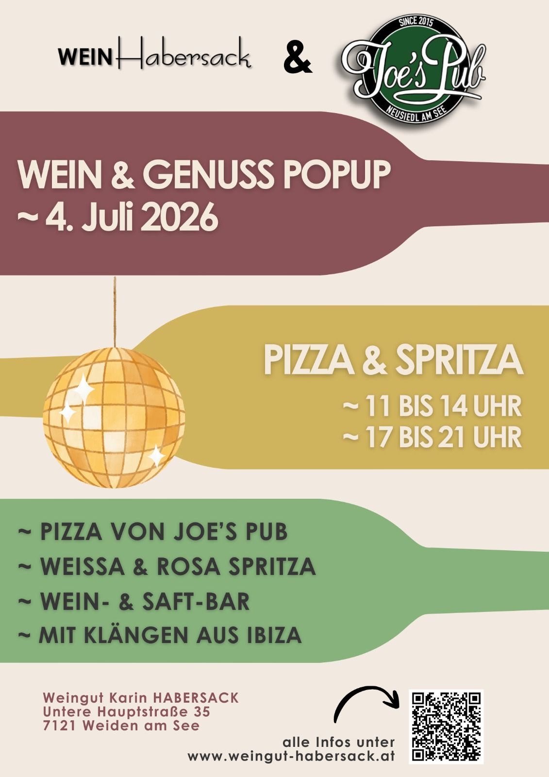 Wein und Genuss Pop-Up, 4. Juli 2026. Pizza und Spritz von 11 bis 14 und 17 bis 21 Uhr. Pizza von Joe's Pub, weisser und rosé Spritz, Wein- und Saftbar, mit Klängen aus Ibiza.