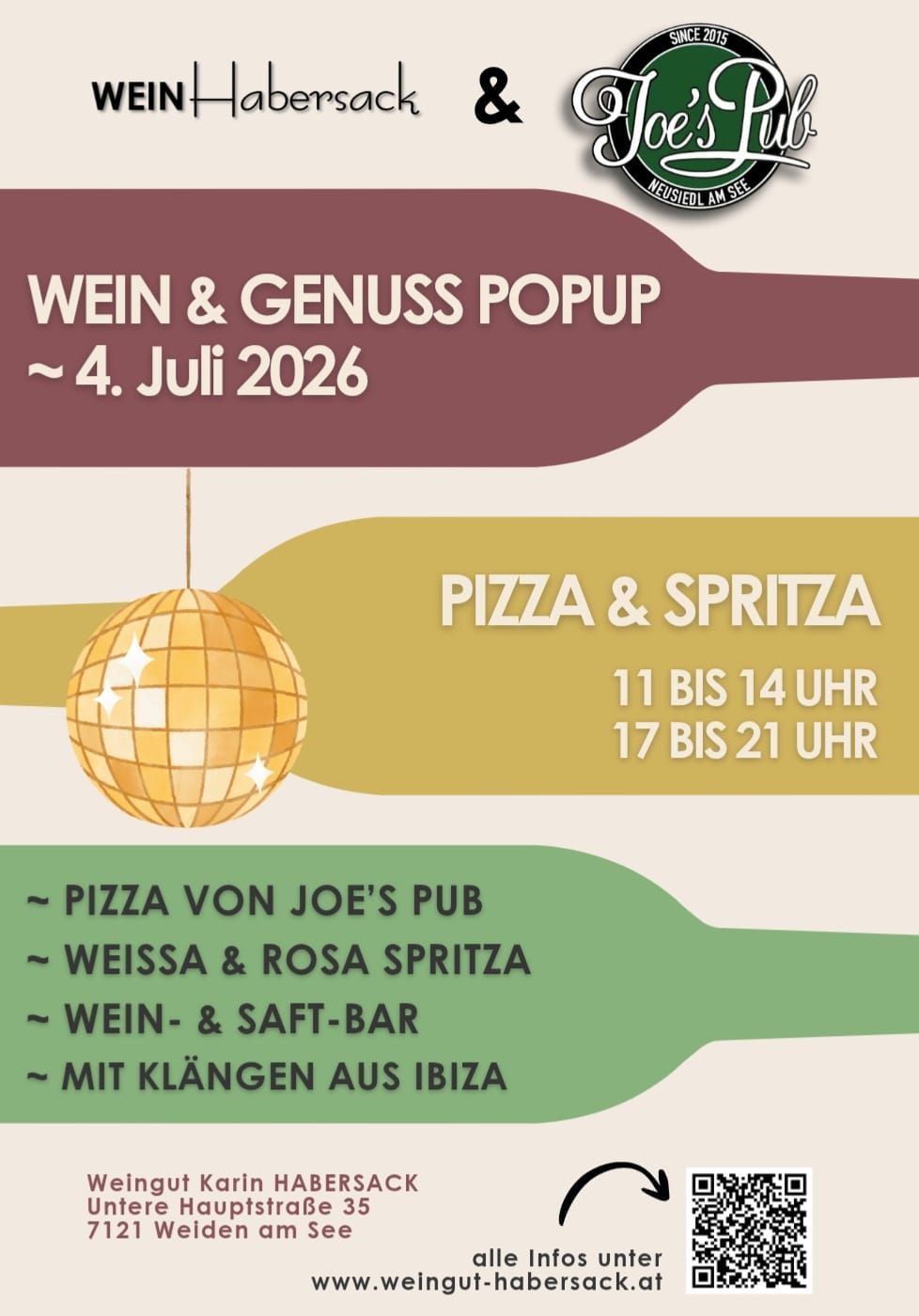 Wine and enjoyment popup event on July 4, 2026. Enjoy pizza and spritz from 11 AM to 2 PM and 5 PM to 9 PM. Features pizza from Joe's Pub, white and rose spritz, and a wine and juice bar with Ibiza tunes.