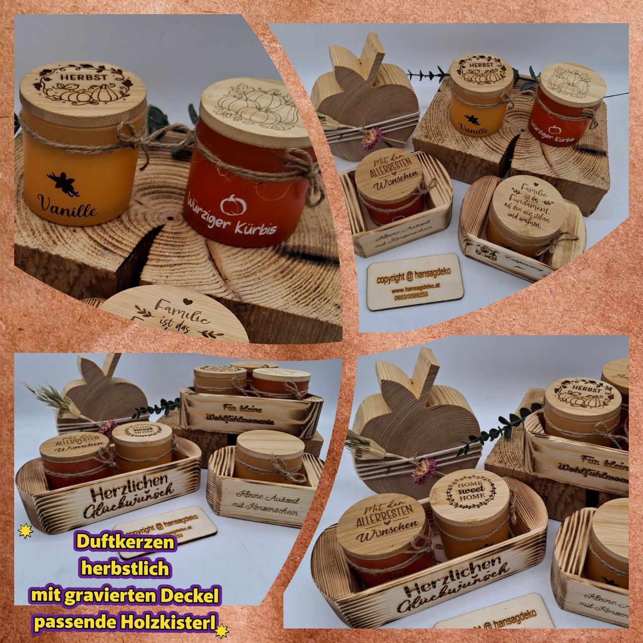 Eine Sammlung von Gläsern mit herbstlichen Deckeln, darunter 'Herbst', 'Vanille' und 'Kürbis', auf Holzoberflächen angeordnet mit Etiketten und Anhängern. Die Gläser sind mit verschiedenen Inhalten gefüllt und in Holzkisten mit passenden Etiketten platziert.