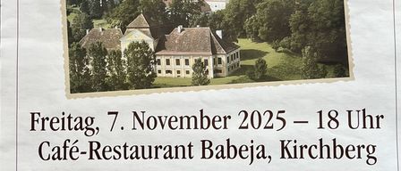 Ein Flugblatt bewirbt ein Spiel und Spaß mit Fragen zur Geschichte von Kirchberg. Es zeigt ein Dorfbild mit einer Kirche und Häusern. Details umfassen Datum, Uhrzeit, Ort, Teilnahmegebühr und Preise.