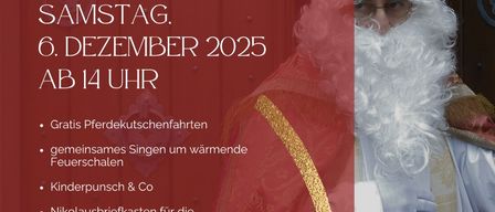 Eine Werbung für eine festliche Veranstaltung mit einer Figur von Santa Claus. Es enthält einen roten Hintergrund, einen Bischofshut und Details über eine kostenlose Pferdekutschenfahrt, Singen, Kinderspiele und eine Erzählsitzung. Die Veranstaltung ist für Samstag, den 6. Dezember 2025, ab 14 Uhr geplant.