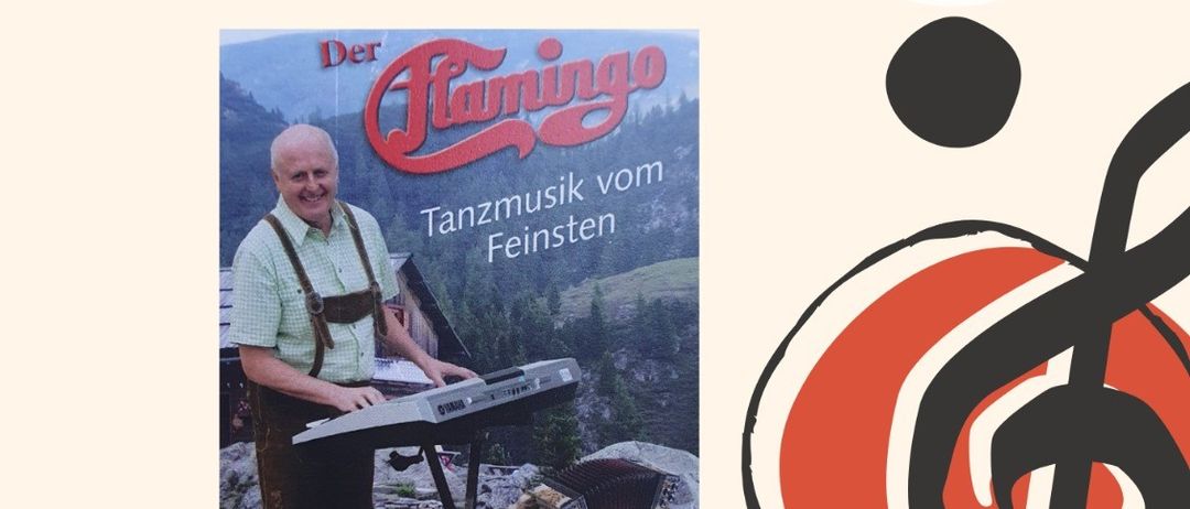 Ein Bild eines Plakats für eine Veranstaltung mit Der Flamingo. Es enthält Daten, Uhrzeiten und Ort mit einem musikalischen Thema. Das Plakat hat ein Bild eines Mannes, der ein Keyboard spielt.