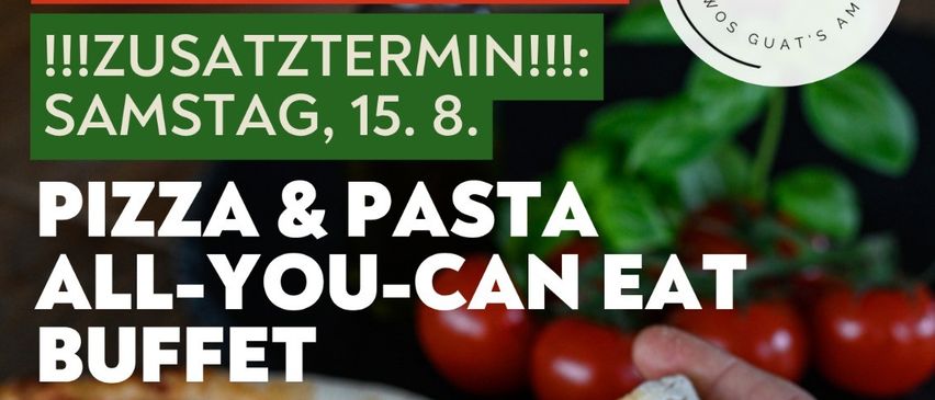 An advertisement for a pizza and pasta buffet event on Saturday, August 15th, featuring a hand holding a slice of pizza with tomatoes and basil, and a price tag of 13.90 euros per person and 8.90 euros for kids.