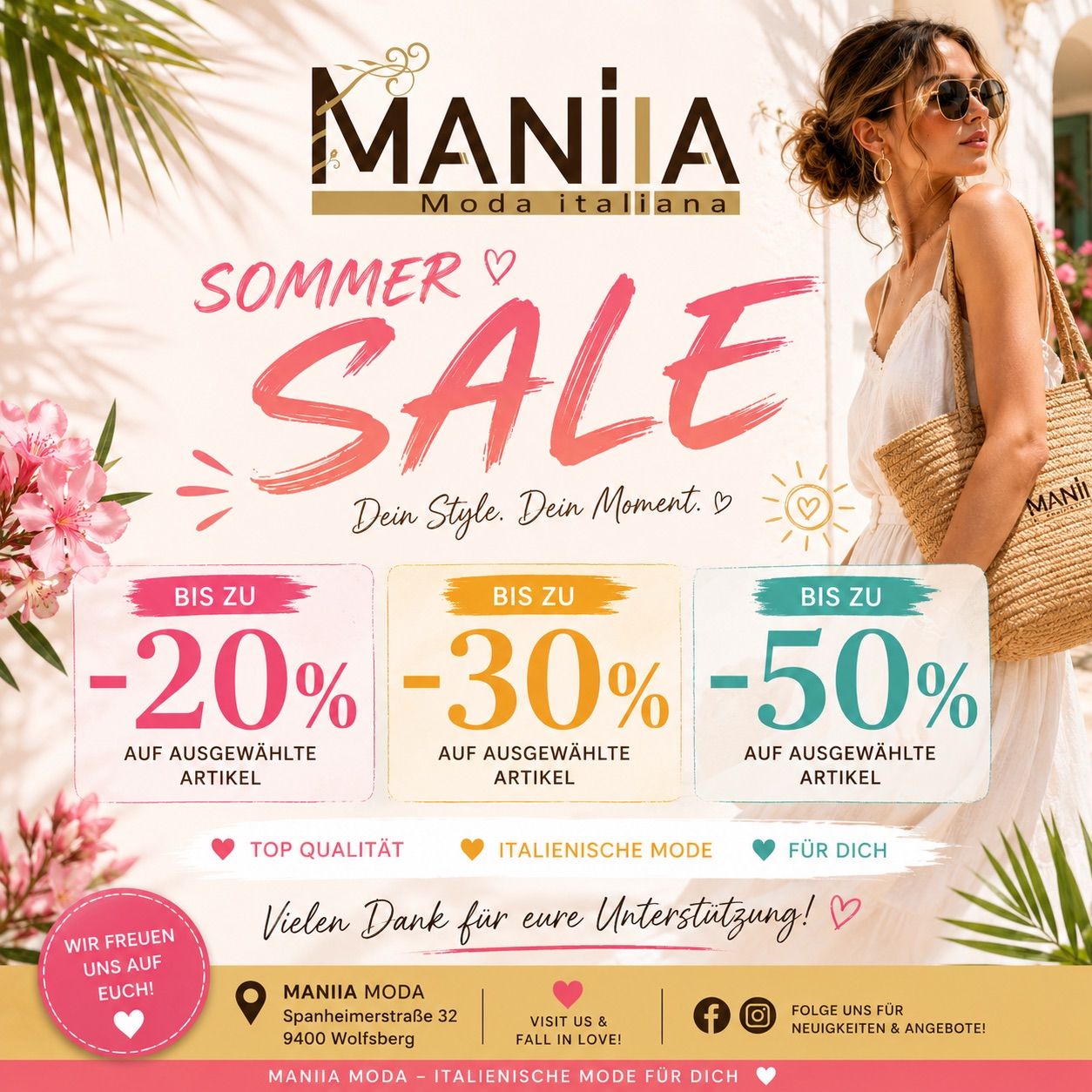A promotional poster for Manilia Moda Italiana's summer sale, featuring a woman in sunglasses and a white dress, holding a straw bag. The poster highlights discounts up to 50% on selected items, with a pink and white color scheme and tropical elements.