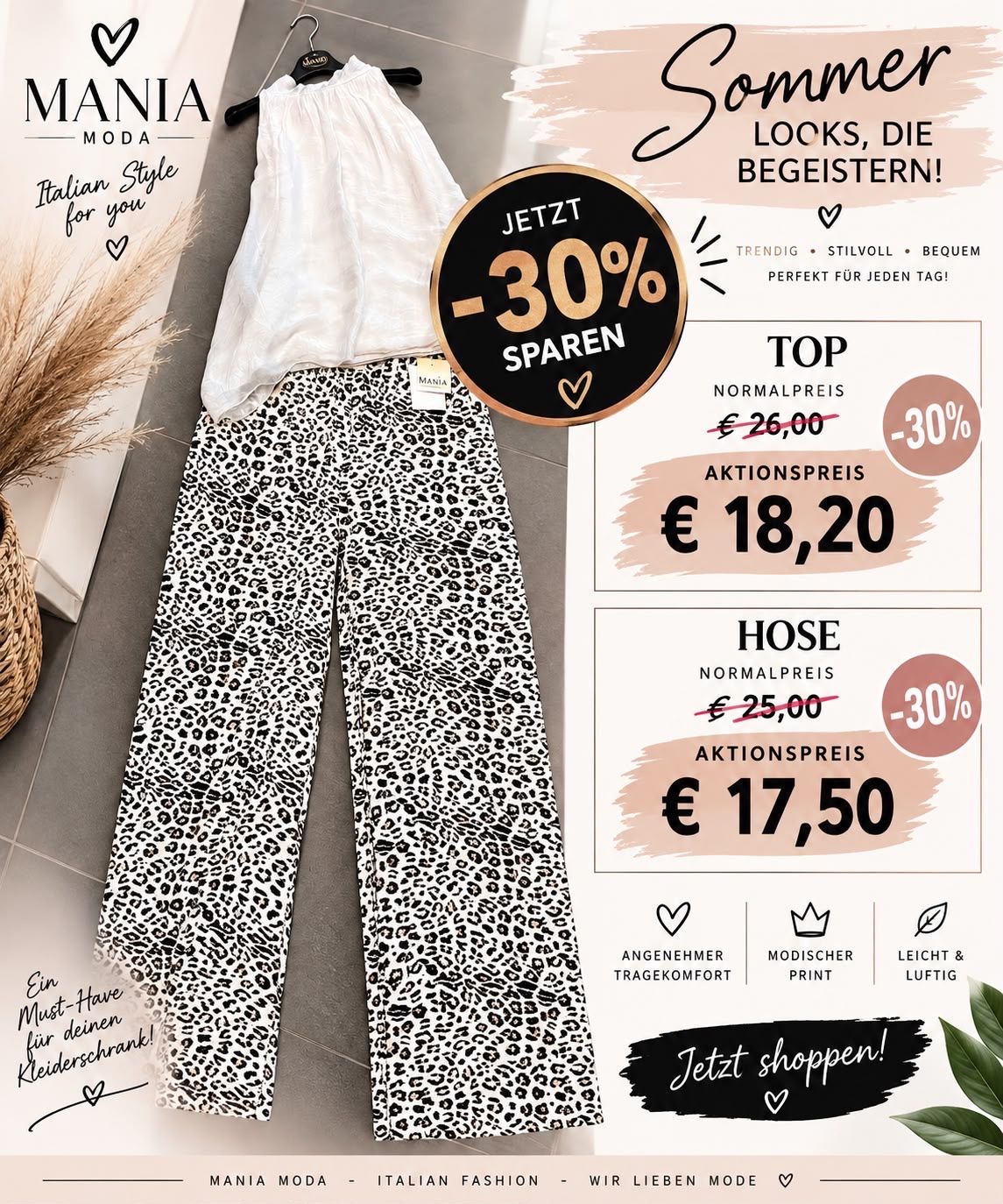 A fashion advertisement for leopard print pants, showing a 30% discount. The pants are displayed on a gray surface with a white top and a black circle with the text '30% sparen'. The price is reduced from 26 euros to 18.20 euros.