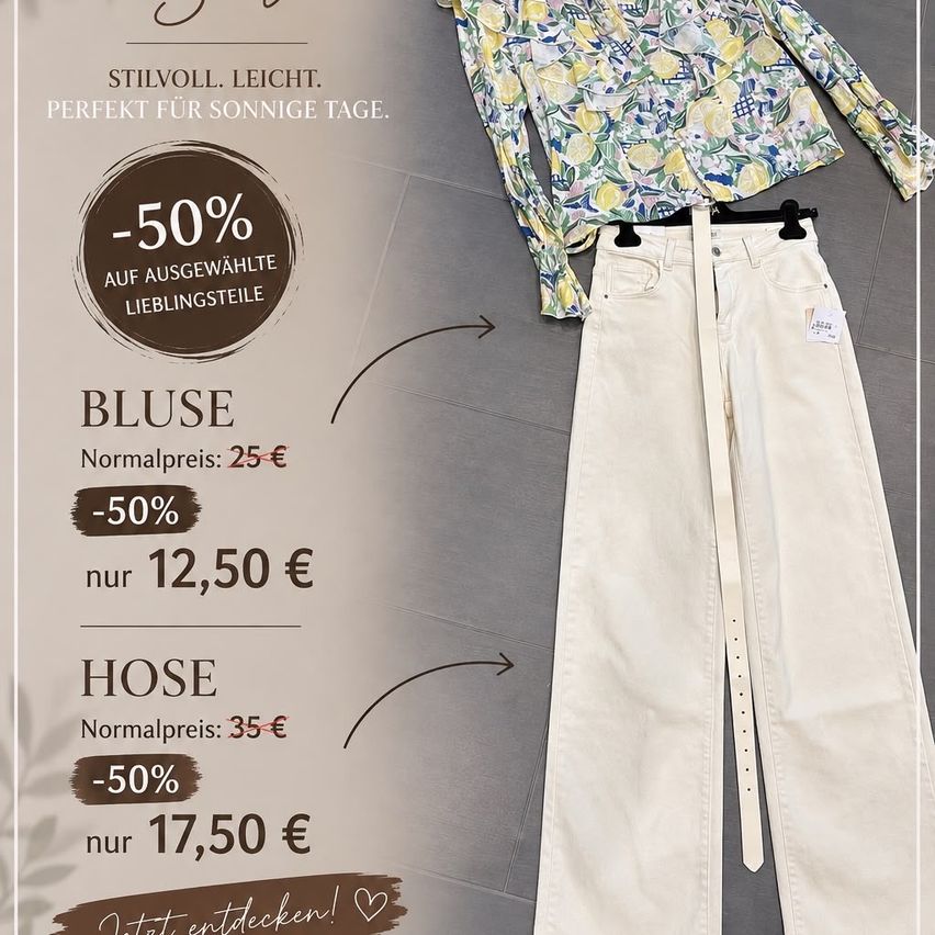 An advertisement for a clothing sale featuring a floral blouse and white pants with a 50% discount. The blouse is priced at 25 euros, now 12.50 euros, and the pants at 35 euros, now 17.50 euros.