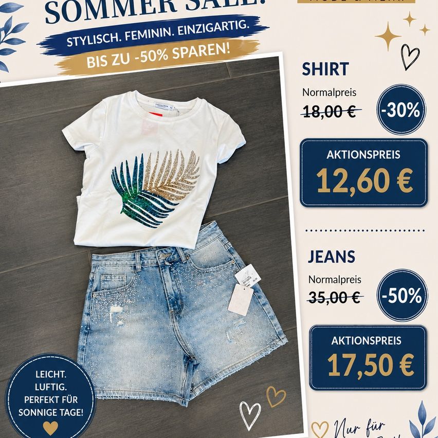 An advertisement for a summer sale featuring a white t-shirt with a palm tree design and denim shorts, offering discounts up to 50%. The t-shirt is priced at 12.60 euros, down from 18 euros, and the shorts are priced at 17.50 euros, down from 35 euros.
