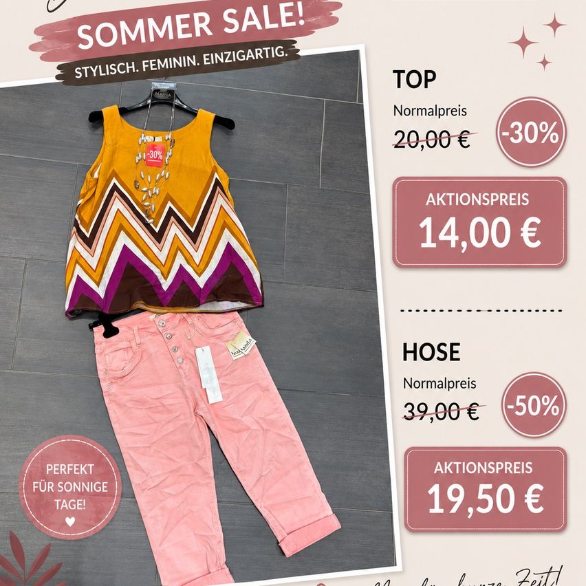 A summer sale advertisement featuring a yellow and purple patterned top and pink pants with a 30% discount on the top and a 50% discount on the pants.