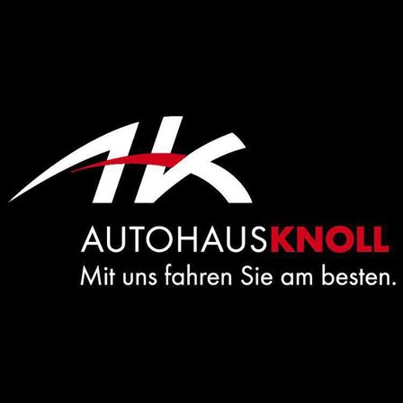 Das Logo von Autohaus Knoll zeigt ein elegantes weißes und rotes Design mit einer roten Linie oben. Darunter steht in fetter Schrift 'Mit uns fahren Sie am besten'.