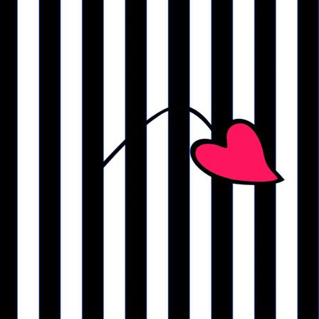 Ein schwarz-weiß gestreifter Hintergrund mit einem rosa Herz auf der rechten Seite, das an einer dünnen schwarzen Linie befestigt ist.