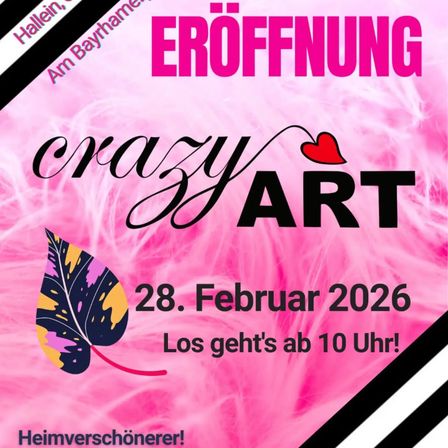 Rosa Plakat für die Eröffnung einer verrückten Kunstveranstaltung am 28. Februar 2026, Beginn um 10 Uhr. Das Plakat zeigt ein Herz- und Blattdesign.